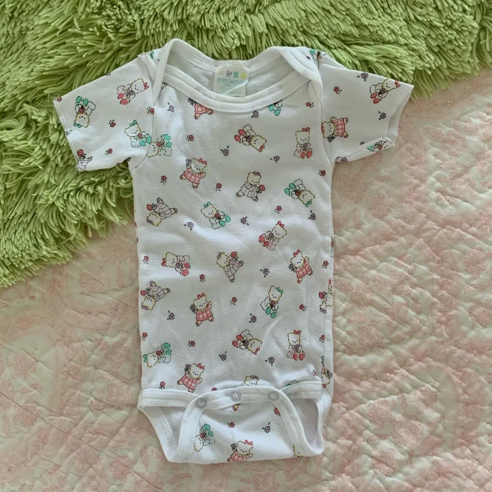 VTG Miniwear Sleeping Gown Sack 1 Piece Hat  Bears 3 PC Set Pajama White Newborn
